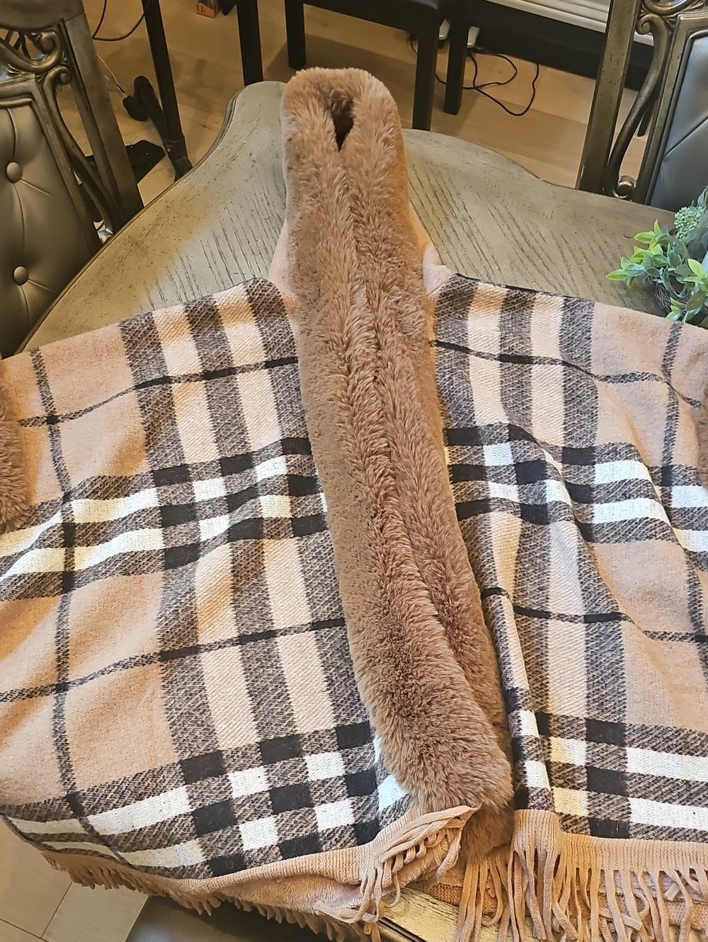 Jones New York Plush Faux Fur Pancho in Camel OS